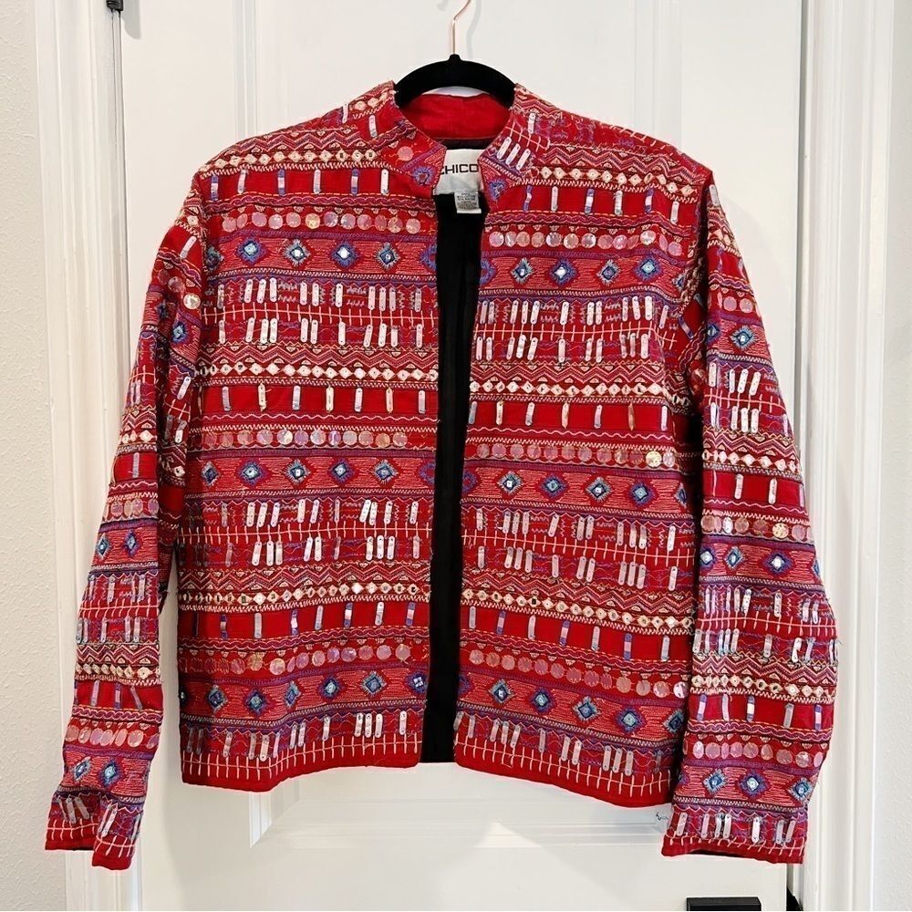 Chico's Red Embroidered Embellished Open Front Jacket  Sz 1 / M